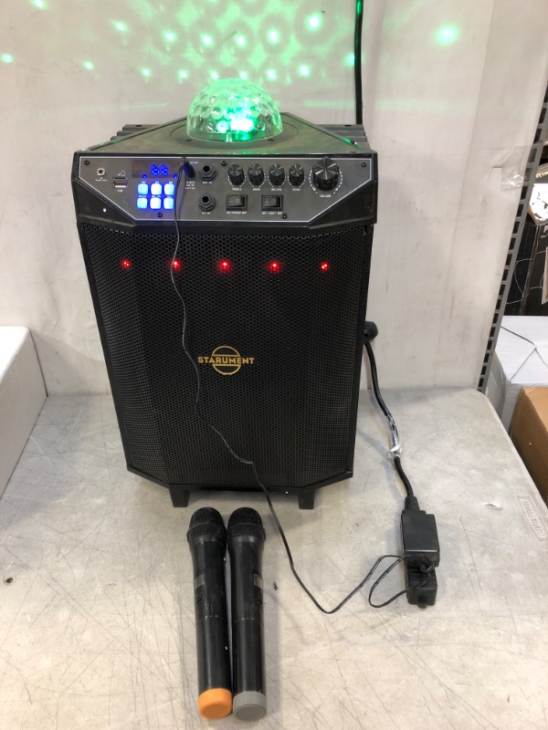 Photo 2 of Starument Portable Karaoke Machine for Adults & Kids Complete Karaoke System Includes Bluetooth Speakers on Wheels, 2 Bluetooth Microphones, Disco Ball, LED Speaker Light, Cell Phone Stand & USB Aux
