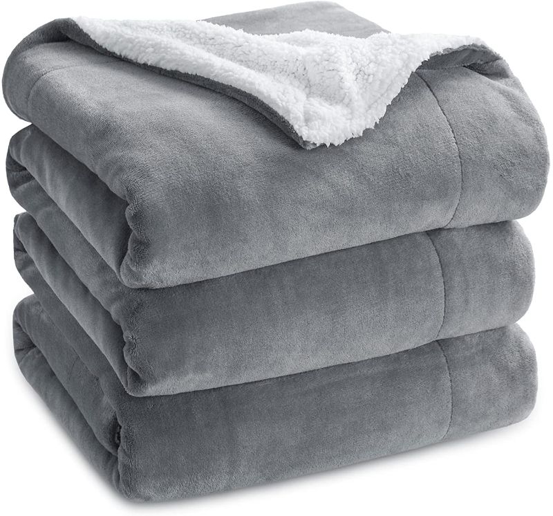 Photo 1 of Bedsure Sherpa Fleece Bed Blankets Queen Size - Grey Thick Fuzzy Warm Soft Large Queen Blanket for Bed, 90x90 Inches
