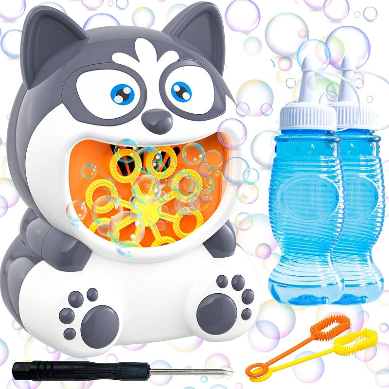 Photo 1 of HAJACK Bubble Machine, Bubble Blower for Kids& Toddlers, 1000+ Bubbles per Min, Automatic Husky Dog Bubble Maker Toy with 2 Bottles of Bubble Solution& 2 Bubble Wands for Wedding& Outdoors& Parties
