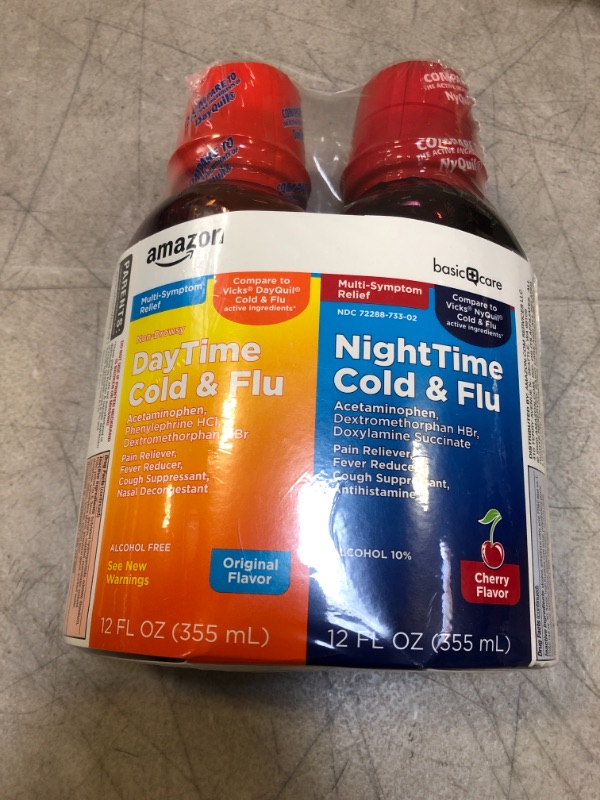 Photo 2 of Amazon Basic Care Daytime & Nighttime Cold & Flu Relief; Cold Medicine Combination Pack, 24 Fluid Ounces
EXP - 7 - 2022