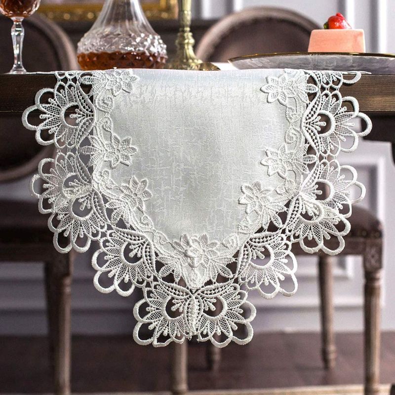 Photo 1 of ARTABLE Rectangular Lace Fabric Tablecloth with Macrame Border Clear Embroidered Kitchen Tablecloths for Elegant Holiday Long Dinner Tables (Offwhite, Table Runner 16" x 120")
