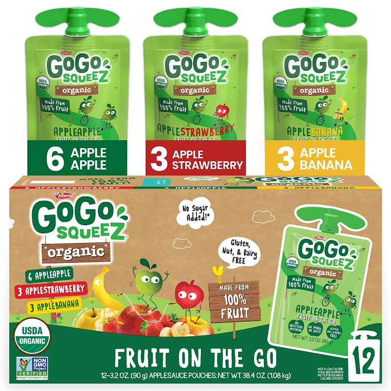 Photo 1 of GoGo squeeZ Organic Fruit on the Go Variety Pack, Apple/Banana/Strawberry, 3.2 oz. (12 Pouches) - Made from Organic Apples, Bananas & Strawberries - Gluten Free Snacks - Nut & Dairy Free - Vegan Snack EXP 03/2022