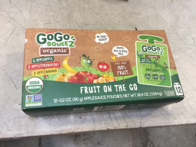 Photo 1 of GoGo squeeZ Organic Fruit on the Go Variety Pack, Apple/Banana/Strawberry, 3.2 oz. (12 Pouches) - Made from Organic Apples, Bananas & Strawberries - Gluten Free Snacks - Nut & Dairy Free - Vegan Snack EXP 03/2022