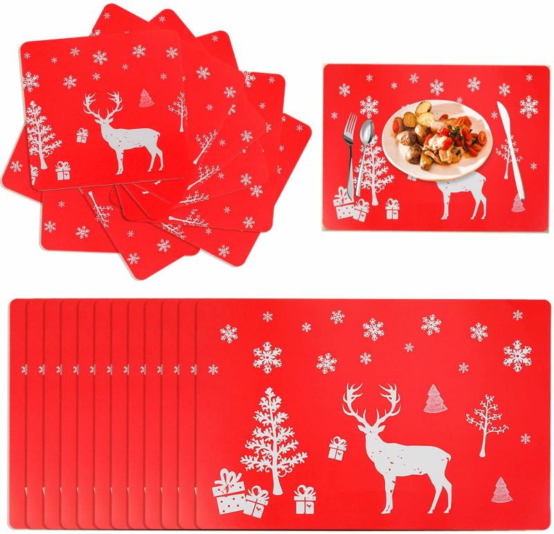 Photo 1 of 24PCS Christmas PVC Placemats Coasters Set, Reindeer Xmas Table Mats for Dining Room Kitchen Table Decoration