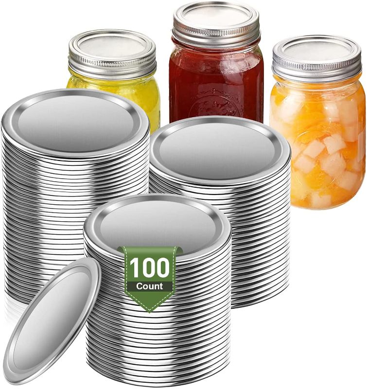 Photo 1 of 100-Count Regular Canning Lids 70mm Split-Type Leak-Proof Secure Storage Solid Canning Jar Lids with Silicone Seals Rings (100Pcs 70MM Silver)

