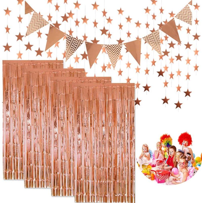 Photo 1 of 4 Pcs Rose Gold Metallic Tinsel Foil Fringe Curtains and 1 Pcs Flag Bunting Banner and 1 Pcs Glitter Paper Star Shape Garland for Birthday Wedding Bachelorette Party Photo Backdrop Decorations
