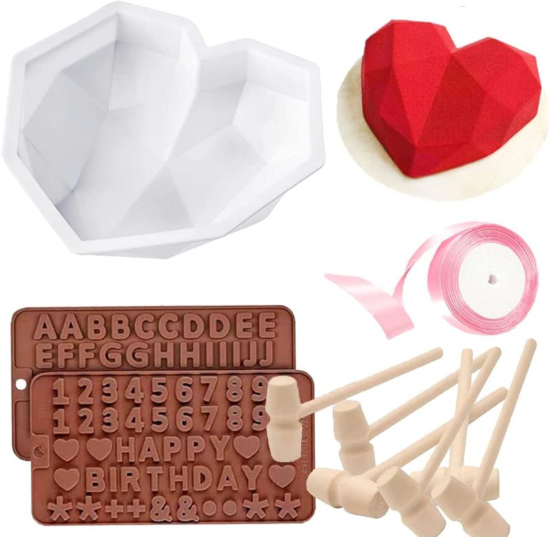 Photo 1 of Diamond Heart Shape Silicone Cake Mold Trays and Silicone Letter Mold and Number Chocolate Mold with 6 Pieces Mini Wooden Hammers for Home Kitchen Mousse Dessert DIY Baking Tools
