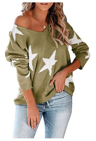 Photo 1 of Modershe Womens Off The Shoulder Star Sweater V Neck Casual Long Sleeve Pullover Blouses Tunic Tops - LARGE 
