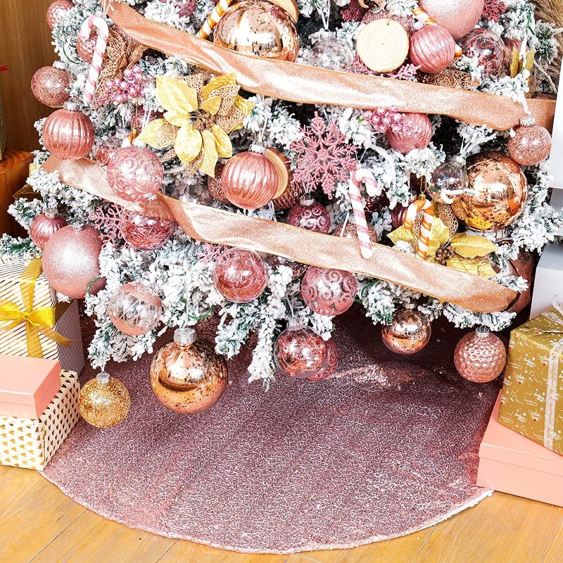 Photo 1 of 48 Inch Christmas Tree Skirt Rose Gold Sequin Tree Skirt Round Sparkle Fabric Xmas Tree Skirt Mat for Holiday Decorations
