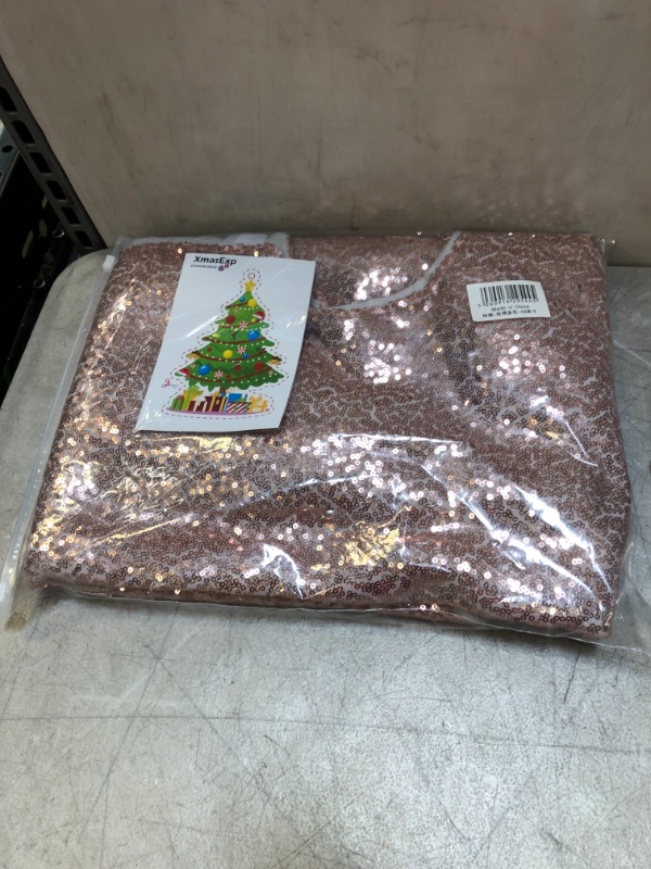 Photo 2 of 48 Inch Christmas Tree Skirt Rose Gold Sequin Tree Skirt Round Sparkle Fabric Xmas Tree Skirt Mat for Holiday Decorations
