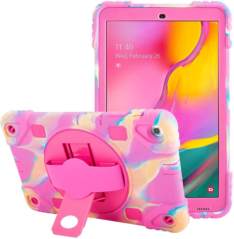 Photo 1 of Samsung Galaxy Tab A 10.1 2019 Case T515 Protective Shockproof Silicone Tablet Case with Ajustable Kickstand and 360 Rotating Handstrap (Pink Pink)
