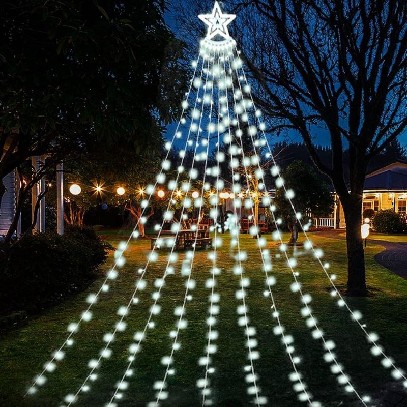 Photo 1 of 350 LED Outdoor Christmas Decorations Star Light with 8 Modes, Waterfall Tree String Lights with Topper Star String Lights, Christmas Star Lights for Party Home Holiday Decor
