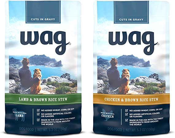 Photo 1 of Amazon Brand - Wag Wet Dog Food Topper, Lamb Brown Rice Stew in Gravy, 5.3 oz Pouches (Pack of 24) exp- June 20/23