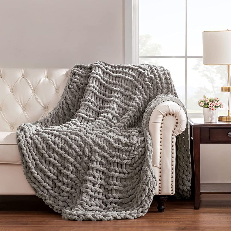 Photo 1 of Angelhood Chunky Knit Blanket Soft Chenille Throw Blanket Handmade Knitted Yarn Blanket for Couch Bed Sofa Home Decor Gift ( 152X203 CM GREY) 
