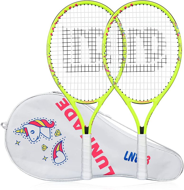 Photo 1 of LUNNADE Unicorn 2 PACK Tennis Racket for Kids Junior, 19/21/23/25 Inch Youth Tennis Racquet with Cover, Suitable for Beginner Boys and Girls Age 3-12  ( 23 INCHES)  -- CASE IS DIRTY PRODUCT IS NEW 