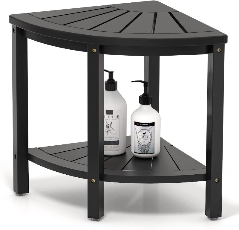 Photo 1 of Bamboo Corner Shower Stool Bench Waterproof - with Storage Shelf for Shaving Legs or Seat in Bathroom & Inside Shower
