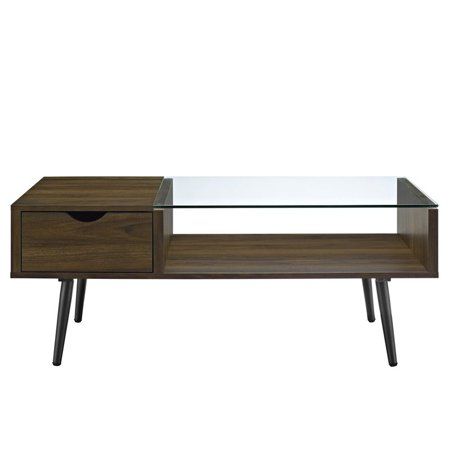 Photo 1 of 42 inch mid century modern wood and glass coffee table with drawer and an open s
