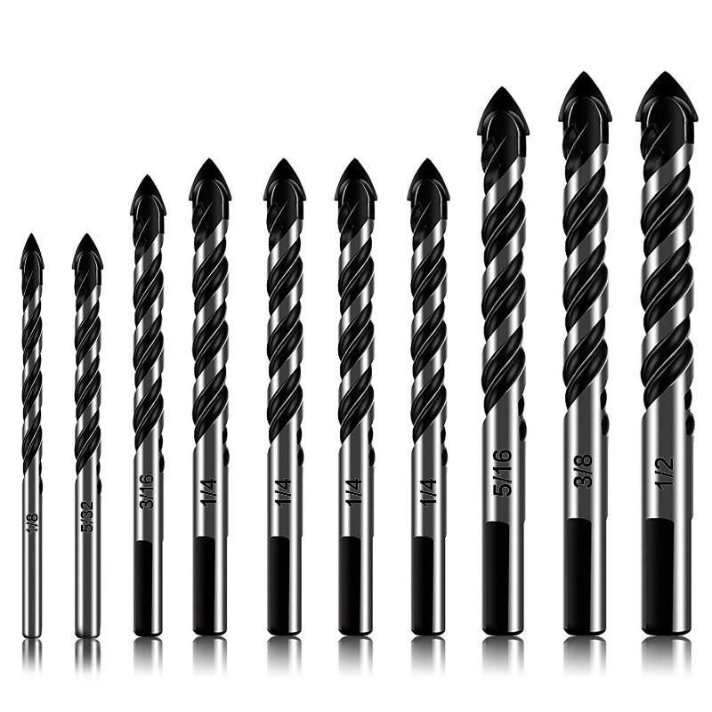 Photo 1 of 10-Piece Masonry Drill Bits Set for Tile Glass Ceramic Brick Wood, 1/8 to 1/2 Inch Drilling Bits with Triangle Handle, YG8 Tungsten Steel Alloy Tip.?Black?
