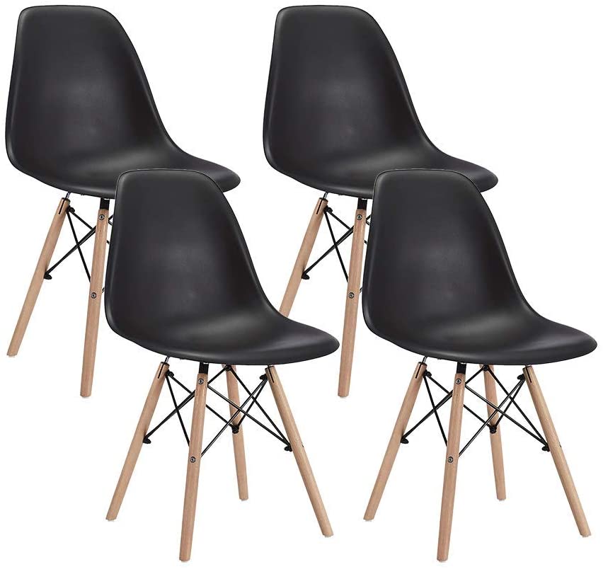 Photo 1 of CangLong Modern Mid-Century Shell Lounge Plastic DSW Natural Wooden Legs for Kitchen, Dining, Bedroom, Living Room Side Chairs, Set of 4, Black
