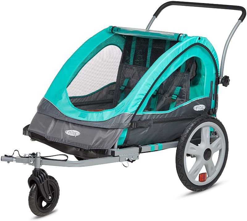 Photo 1 of Instep Quick-N-EZ Double Tow Behind Bike Trailer for Toddlers, Kids, Converts to Stroller, Jogger, 2-in-1 Canopy, Universal Bicycle Coupler, Folding Frame, Multiple Colors
