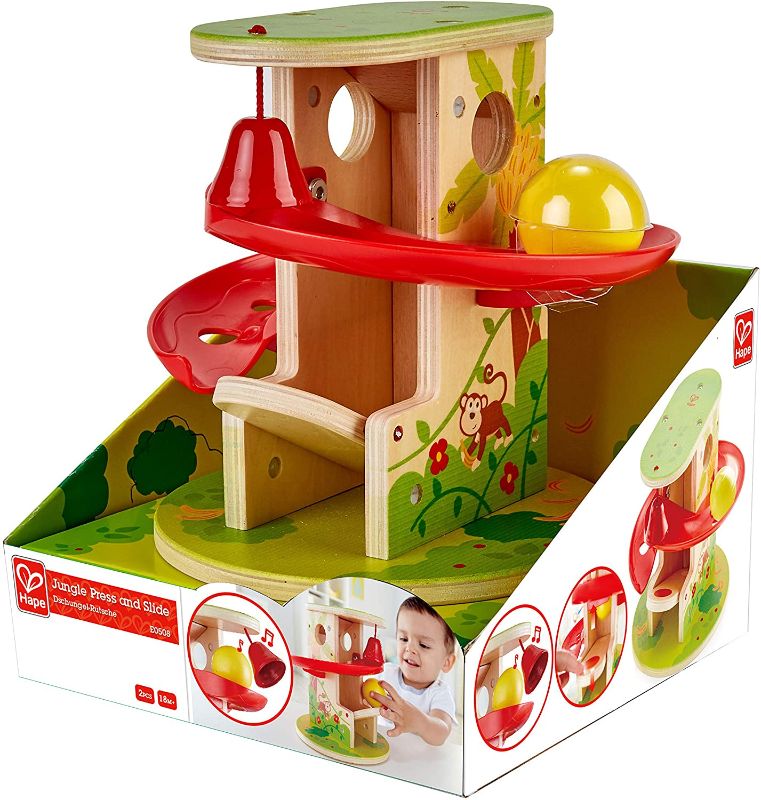 Photo 1 of Hape Jungle Press and Slide | Kids Toy with Bell and Wooden Ball, Jungle Themed Lever Operated Toddler’s Game, E0508 Multicolor, L: 6.9, W: 6.9, H: 7.7 inch
