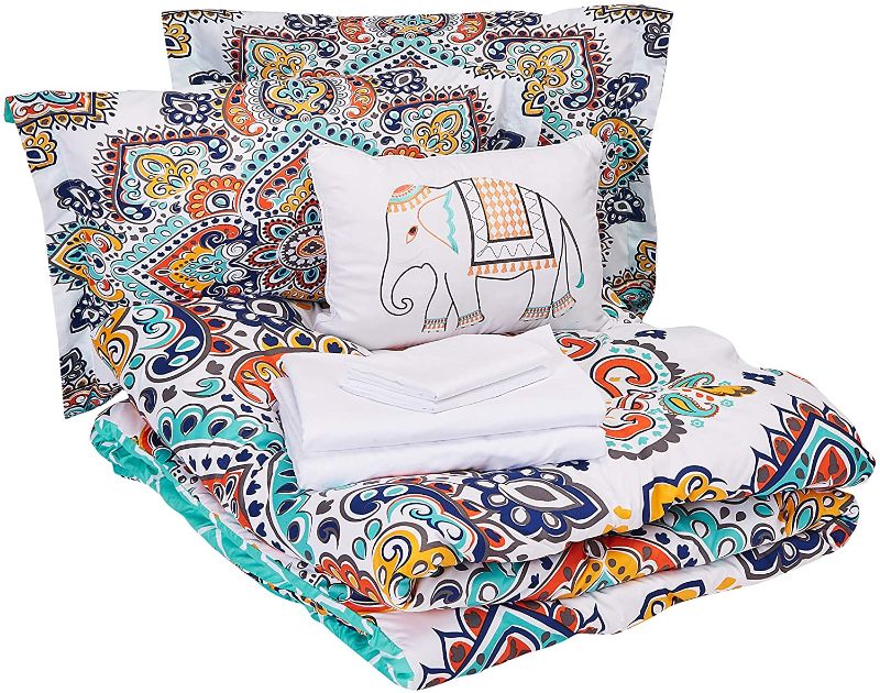 Photo 1 of Chic Home CS3426-AN 8 Piece Raypur Reversible Boho-Inspired Print and Contemporary Geometric Patterned Technique Queen Bed in a Bag Comforter Set Aqua
