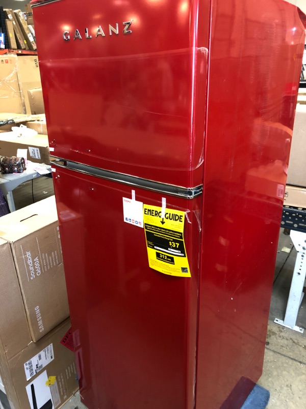 Photo 2 of 12.0 cu. ft. Top Freezer Retro Refrigerator with Dual Door True Freezer, Frost Free in Red
DAMAGED TOP AND BOTTOM AND DENTS 