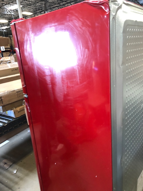 Photo 3 of 12.0 cu. ft. Top Freezer Retro Refrigerator with Dual Door True Freezer, Frost Free in Red
DAMAGED TOP AND BOTTOM AND DENTS 