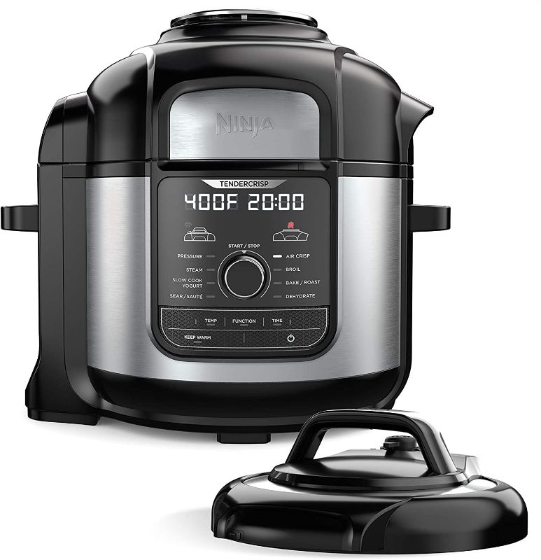 Photo 1 of Ninja FD401 Foodi 12-in-1 Deluxe XL 8 qt. Pressure Cooker & Air Fryer that Steams, Slow Cooks, Sears, Sautés, Dehydrates & More, with 5 qt. Crisper Basket, Deluxe Reversible Rack & Recipe Book, Silver
