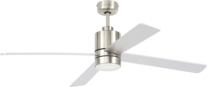 Photo 1 of Amazon Brand – Rivet Modern Cylindrical Base Remote Control Flush Mount Ceiling Fan with LED Light, 52"W x 14"H, Brushed Nickel
