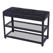 Photo 1 of 28" Steel Shoe Bench with Cushion Seat,3-Tier Storage Racks Seat Organizer for Entryway Hallway,Black
