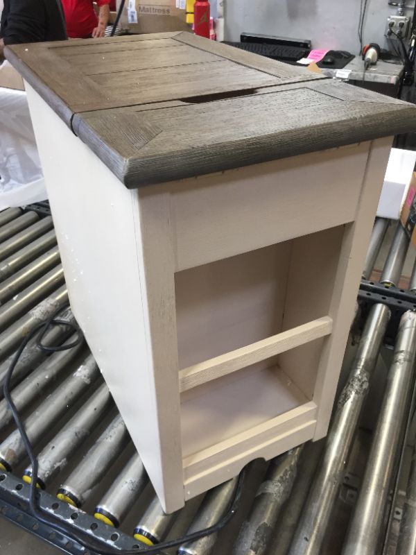 Photo 5 of Signature Design by Ashley Bolanburg Farmhouse Chair Side End Table with Outlets and USB Ports, Antique White & Brown
