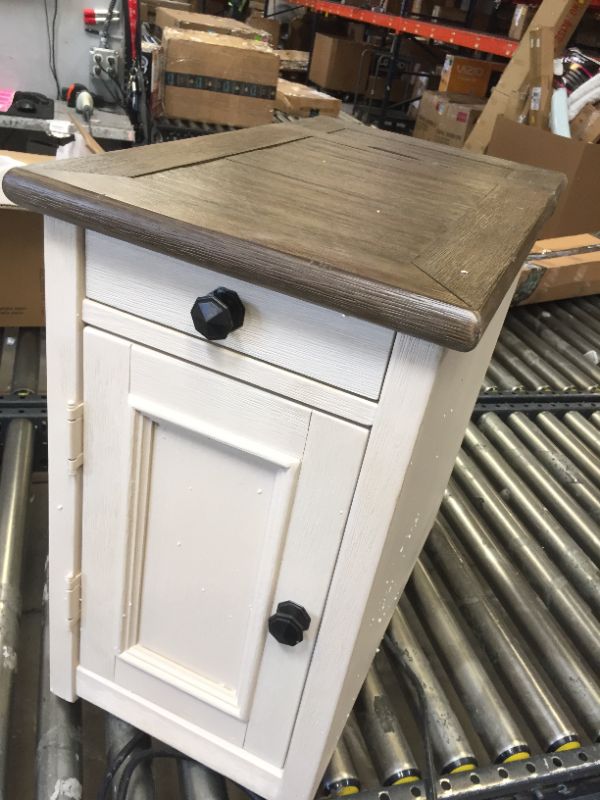 Photo 3 of Signature Design by Ashley Bolanburg Farmhouse Chair Side End Table with Outlets and USB Ports, Antique White & Brown
