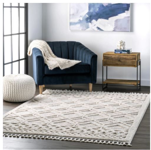 Photo 1 of Ansley Textured Lattice Tassel Beige 5ft x 7ft Area Rug
