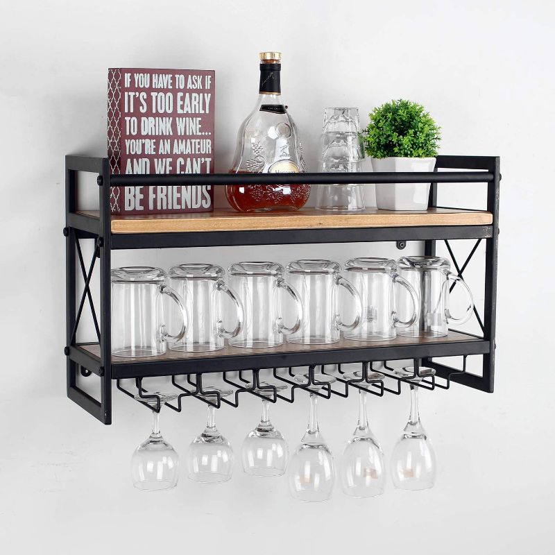 Photo 1 of Womio Industrial 2-Tier Wall Mounted Wine Racks with 6 Glass Holder for Wine Glasses,Mugs,Home Decor,Metal and Wood Stemware Glass Rack,Stemware Racks,
