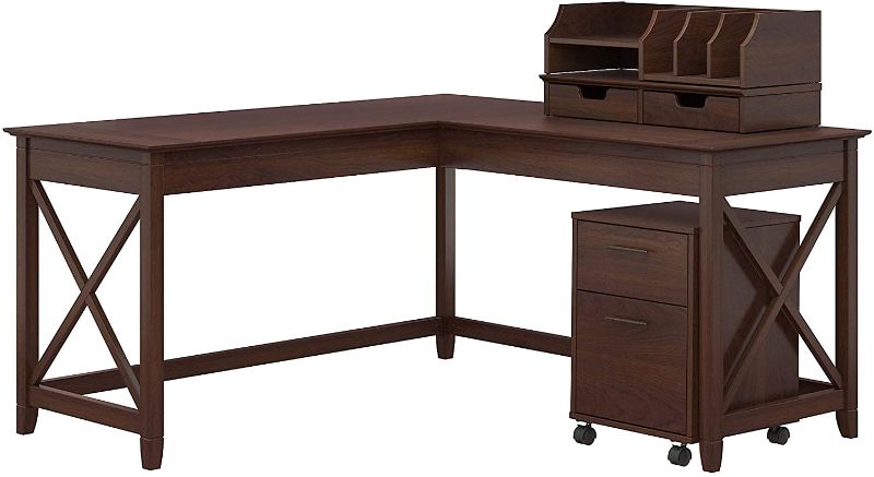 Photo 1 of Bush Furniture Key West 60W L Shaped Desk with Mobile File Cabinet and Desktop Organizers, Bing Cherry
