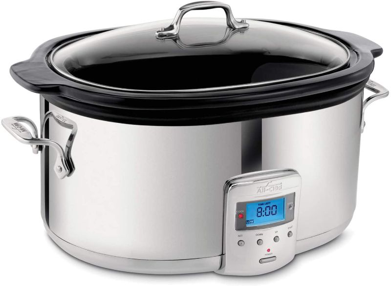 Photo 1 of All-Clad SD700450 Programmable Oval-Shaped Slow Cooker with Black Ceramic Insert and Glass Lid, 6.5-Quart, Silver
