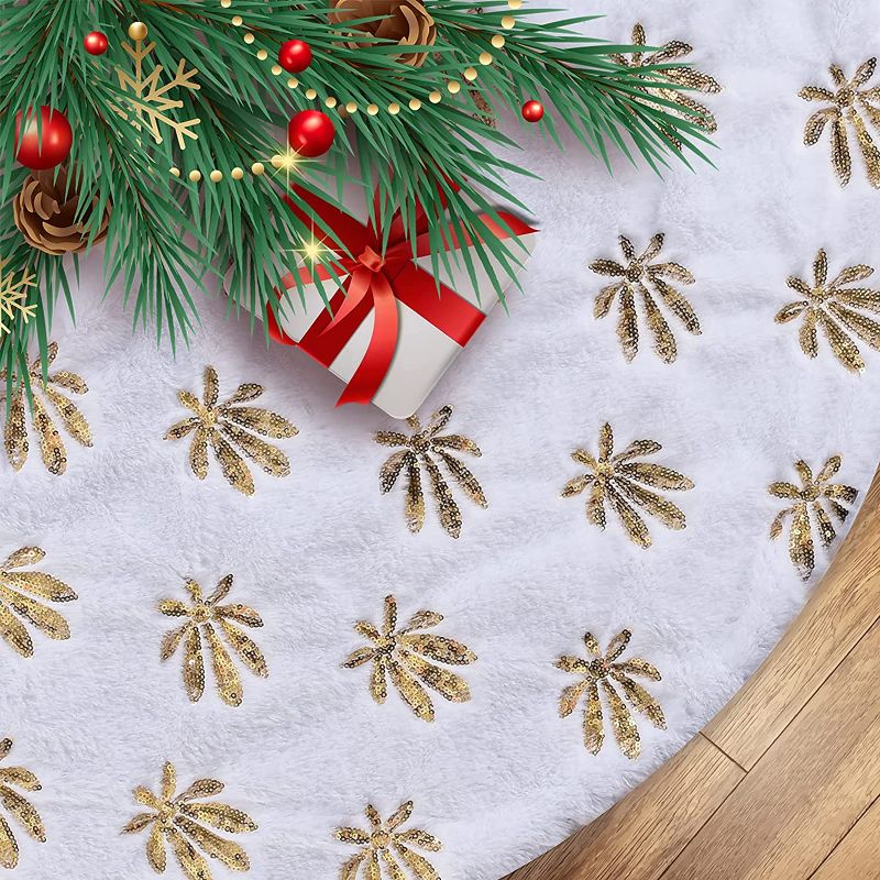 Photo 1 of 48 Inch Large Christmas Tree Skirt,Xmas Holiday Decoration Ornament ,Christmas Decorations for Holiday Tree Ornaments with White Soft Thick Golden Maple Leaf Decorations for Xmas Tree.
