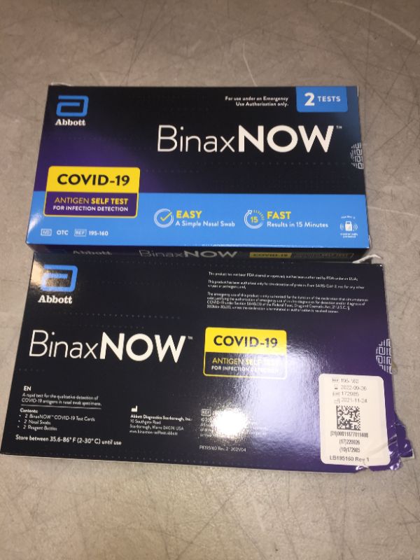 Photo 2 of Abbott BinaxNOW COVID-19 Antigen Self Test (2 tests) ( 2 boxes ) 