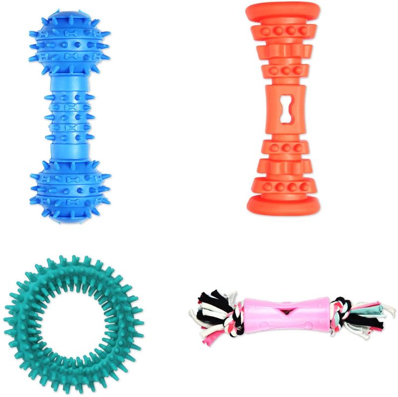 Photo 1 of 
Dog Chew Toys for Small and Medium Breed with Aggressive Tough Bone Barbells Ring and Strange Faces 4 Shapes for Puppies Teething Assorted Chew Toys Pack