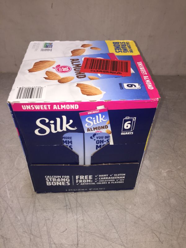 Photo 2 of (Pack of 6) Silk Shelf-Stable Unsweetened Almond Milk, 1 Quart
exp- Sep02/22
factory sealed 