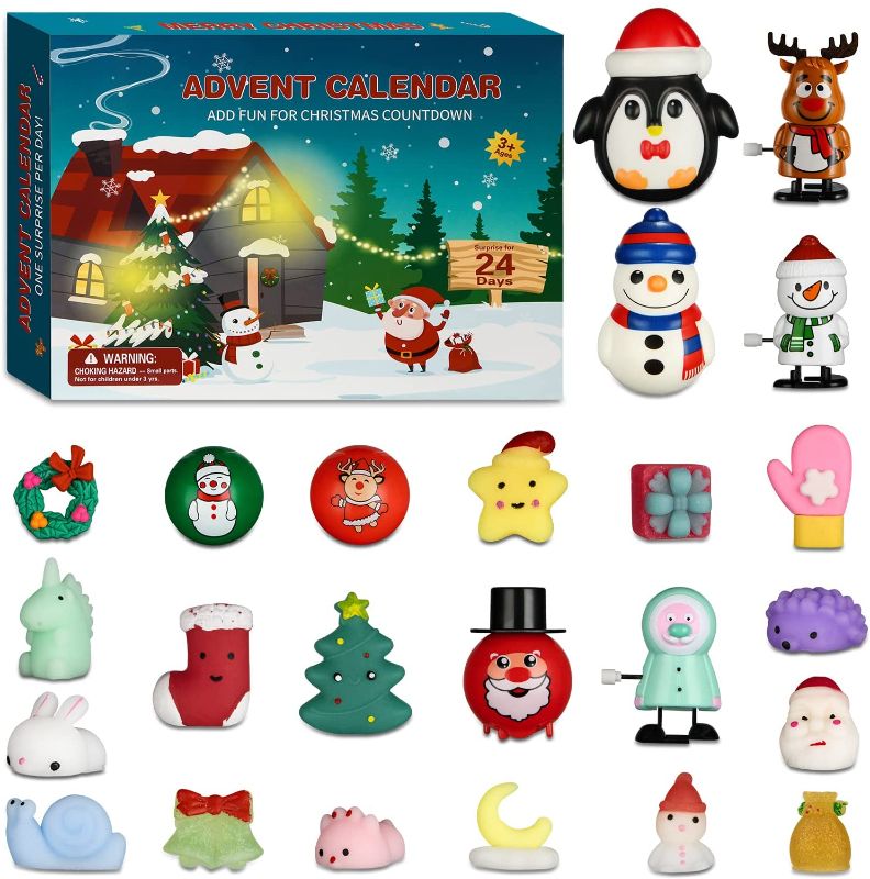 Photo 1 of 2021 Advent Calendar Kids Christmas Countdown Calendar 24 Days Mochi Squishy Toys Pull Back Cars Wind Up Toys Christmas Erasers Christmas Party Favors for Girls Boys