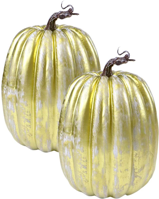 Photo 1 of 8 Inch Large Gold Plastic Pumpkins for Decorating - 2PCS Big Decorative Foam Pumpkins for Fall Decor, Artificial Plastic Pumpkins Perfect for Halloween Decor Thanksgiving Table Decor