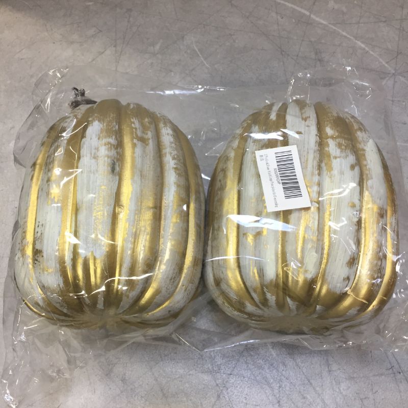 Photo 2 of 8 Inch Large Gold Plastic Pumpkins for Decorating - 2PCS Big Decorative Foam Pumpkins for Fall Decor, Artificial Plastic Pumpkins Perfect for Halloween Decor Thanksgiving Table Decor