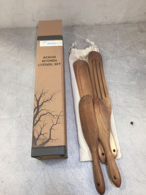 Photo 2 of Acacia Wooden Cooking Utensils UPTRUST Wooden Spurtles Set of 4,Natural Acacia Kitchen Utensil Set Heat Resistant Non Stick Wood Cookware Slotted Spurtle Spatula Sets for Stirring, Mixing, Serving (4)
