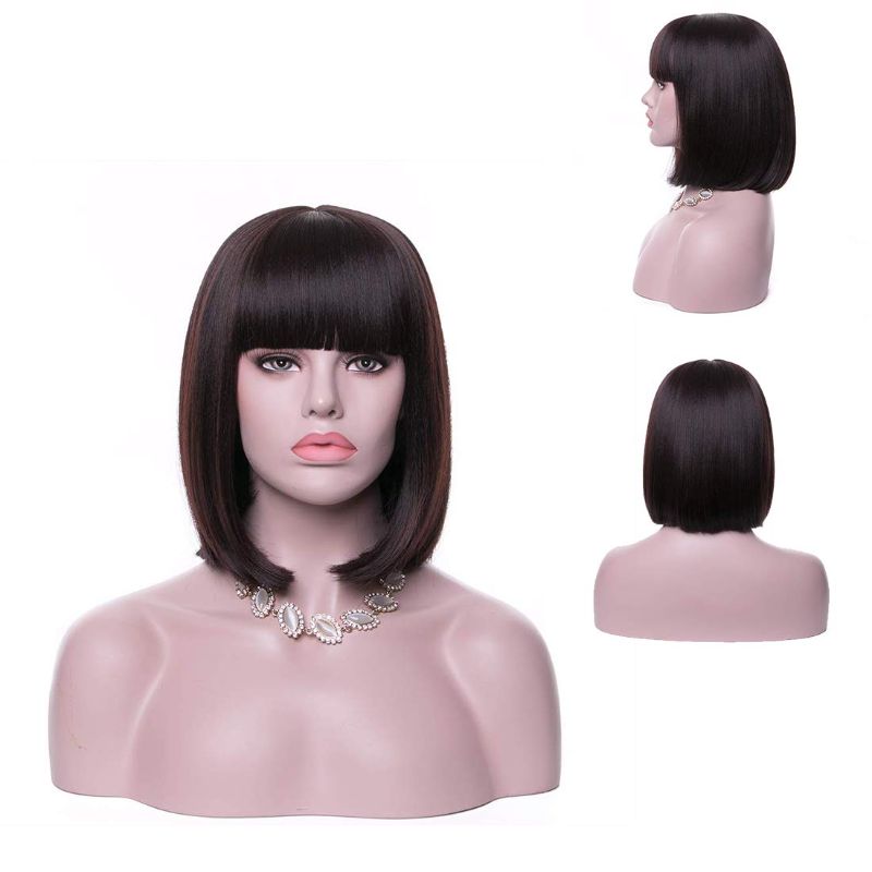 Photo 1 of Wigood 14" Short Brown Bob Hair Wigs,Straight with Flat Bangs Synthetic Colorful Cosplay Daily Party Natural Wig with Free Wig Cap for Women
