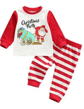 Photo 1 of Christmas Toddler Kid Baby Boy Girl Pajama Romper Sets Red Green Striped Printing Cartoon Santa Deer Outfits 2Pcs Small (5)