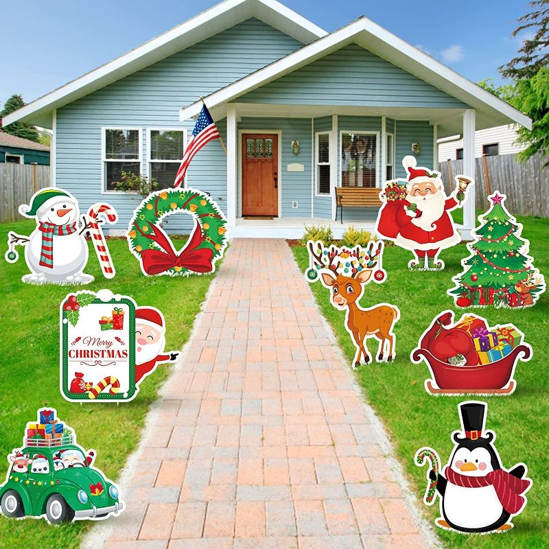 Photo 1 of 9 Pack Christmas Yard Sign Stakes Decorations Large Xmas Winter Yard Signs Outdoor Lawn Holiday Decor Elk Santa Claus Snowman Christmas Wreath Christmas Tree Penguin Holiday Yard Signs, 18 Stakes
