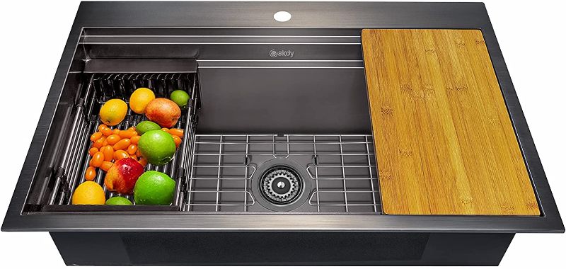 Photo 1 of  33-inch Kitchen Sink Drop-in Workstation Ledge Kitchen Sink in Gunmetal Matte Black 33" x 22" x 9" Stainless Steel Single Bowl with Drying Rack & Cutting Board