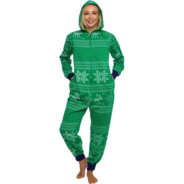 Photo 1 of Womens Fair Isle Christmas Pajamas with Hood - Green Warm Soft, Comfy Holiday One Piece PJs by Silver Lilly (Large)
